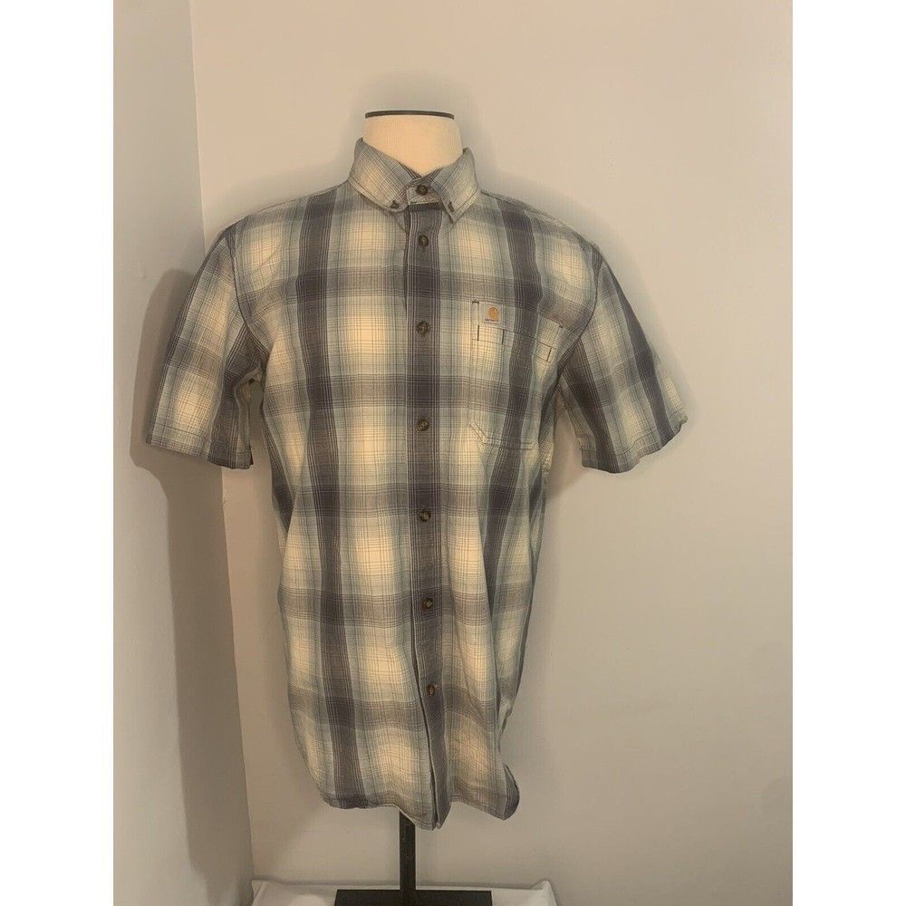 Carhartt Mens Large Blue Checkered Plaid Relaxed Fit Button Up Shirt Short
